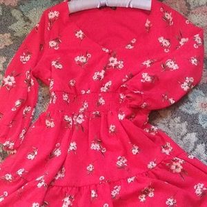 Botton top red floral dress flare bottom long sleeve scrunched waste V-neck XL